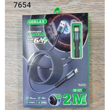 Кабель USB (А) шт. - Type-C шт. 2.0 м GERLAX GD-52T 6.0А. QC3.0 Fast Charging. ткань 7654