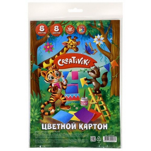 Картон цветной А4 8 цв.8 л. Creativiki 190 г/м2. в папке КЦ8Л8ЦПКР